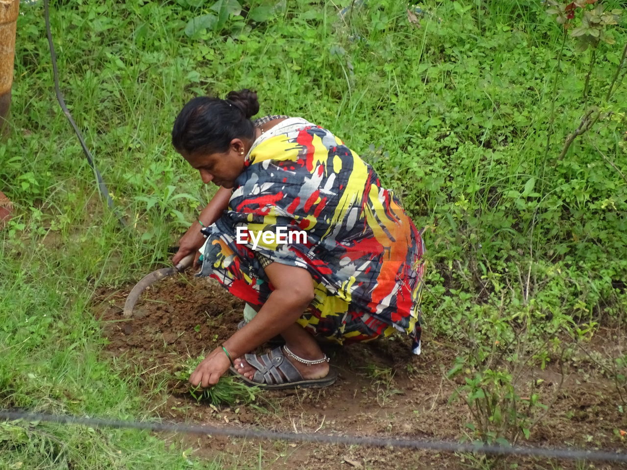 Side view of woman cutting grass