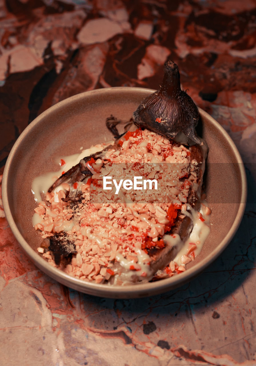 high angle view of food in bowl on table