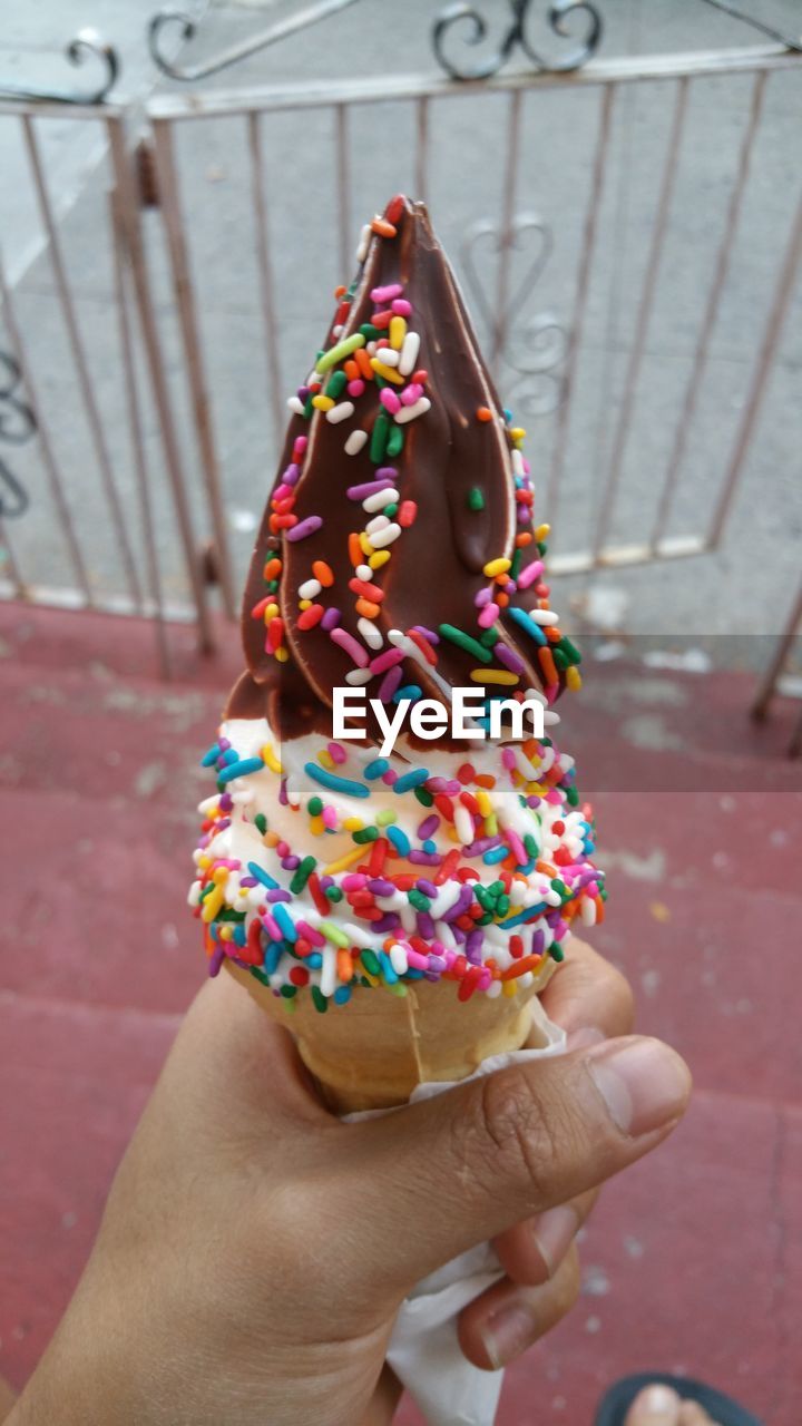 Close-up of hand holding ice cream cone