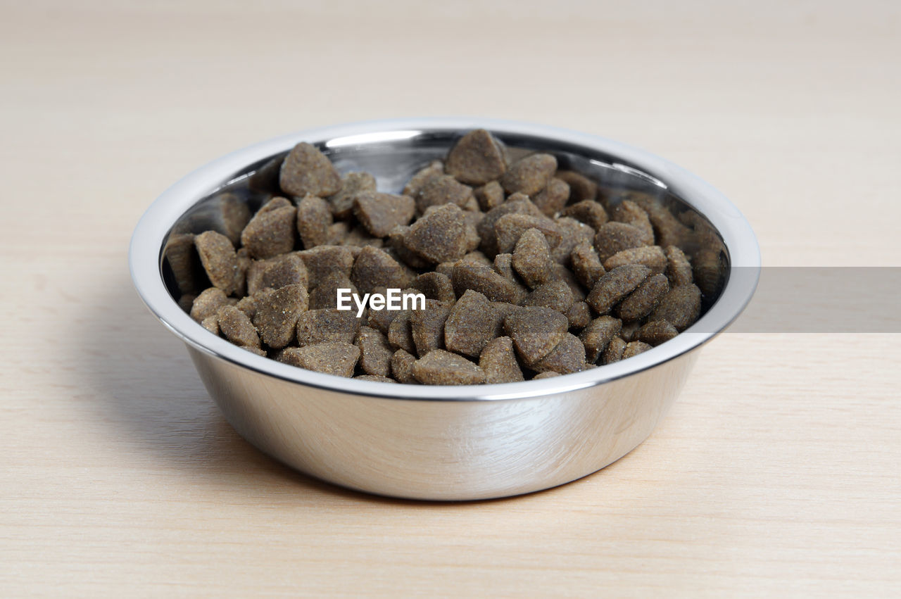 Close-up of cat food in bowl on table