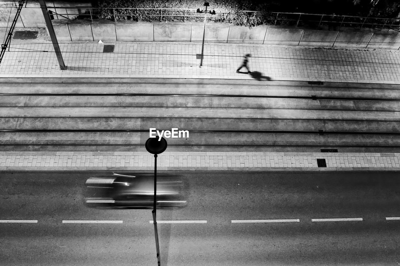 High angle view of car moving on road at night