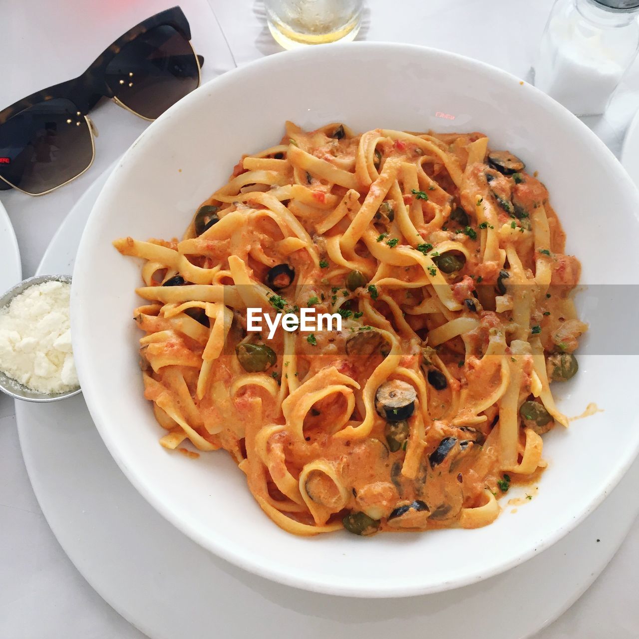 High angle view of pasta served on table