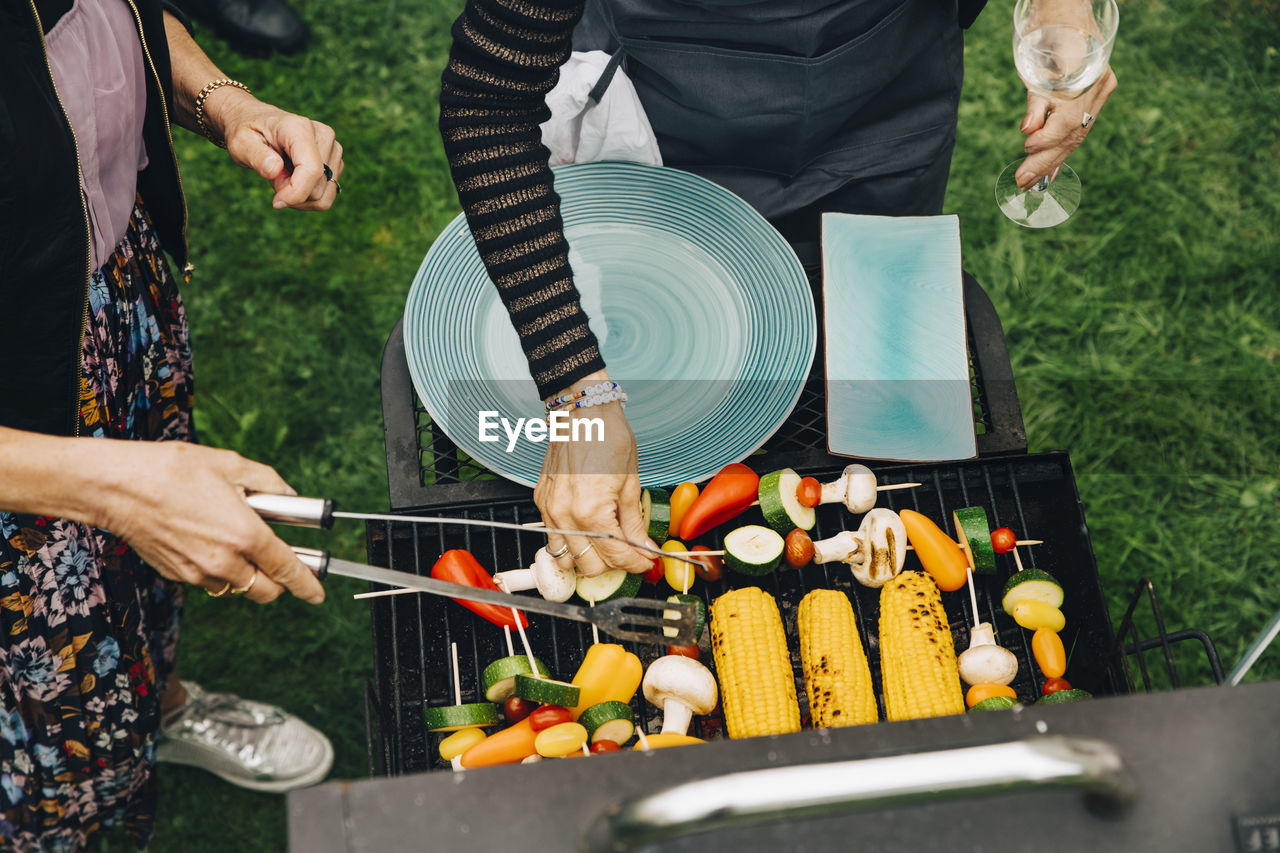 High angle view of women barbecuing vegetables at garden party