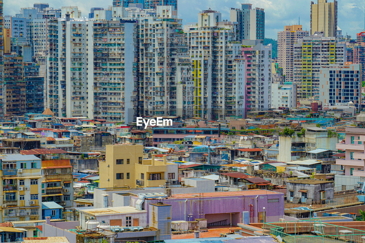 high angle view of modern buildings in city