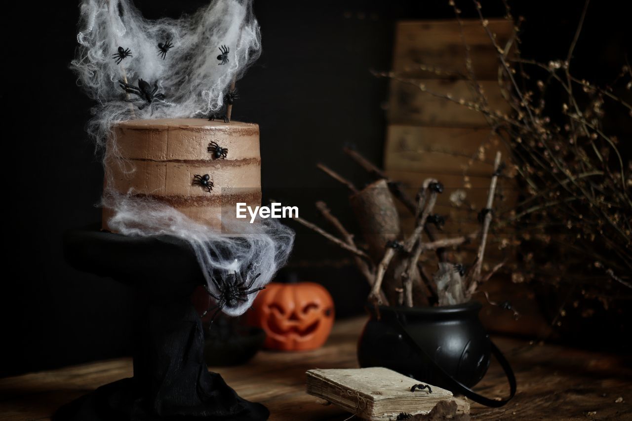 Close-up of objects on table during halloween
