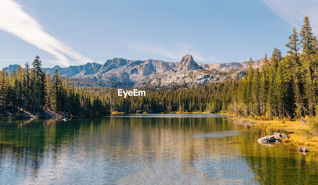 scenic view of lake by mountains against sky