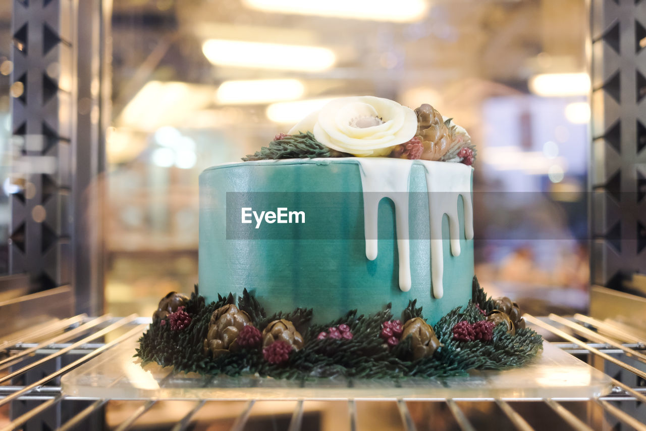 Close up of flower cake in the cafe.