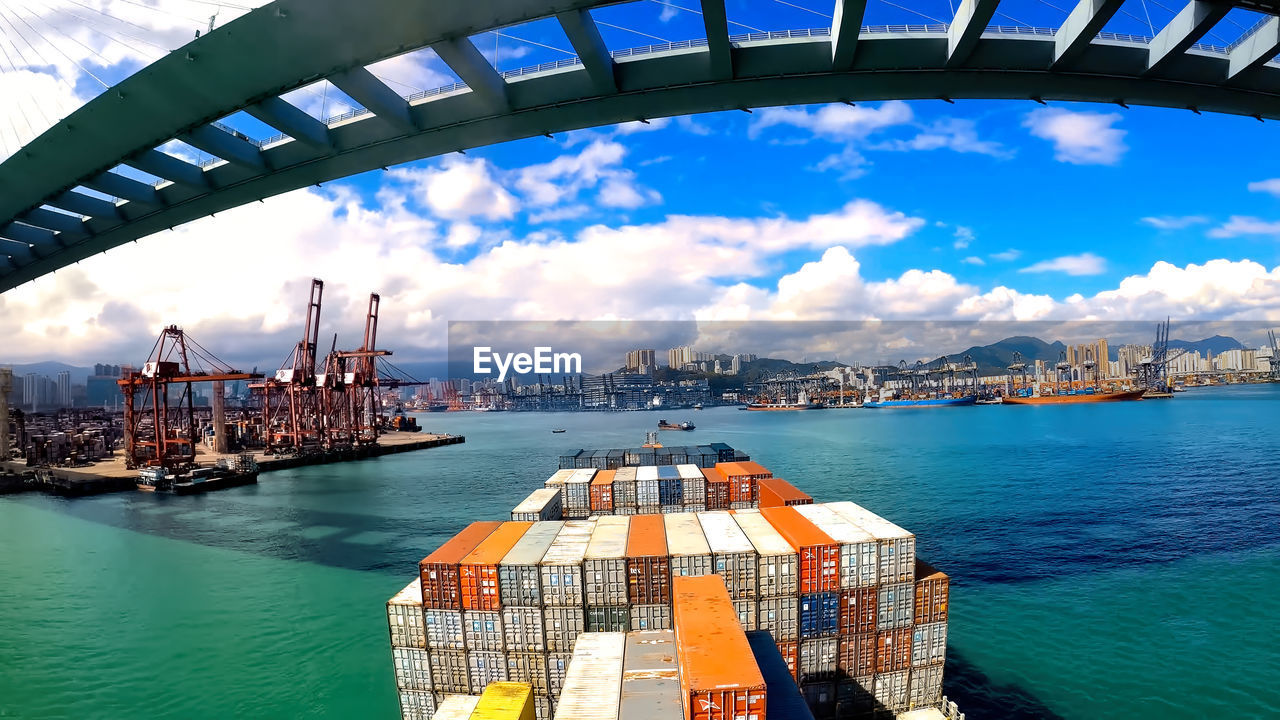 Container ship loading and unloading in sea port,hong kong