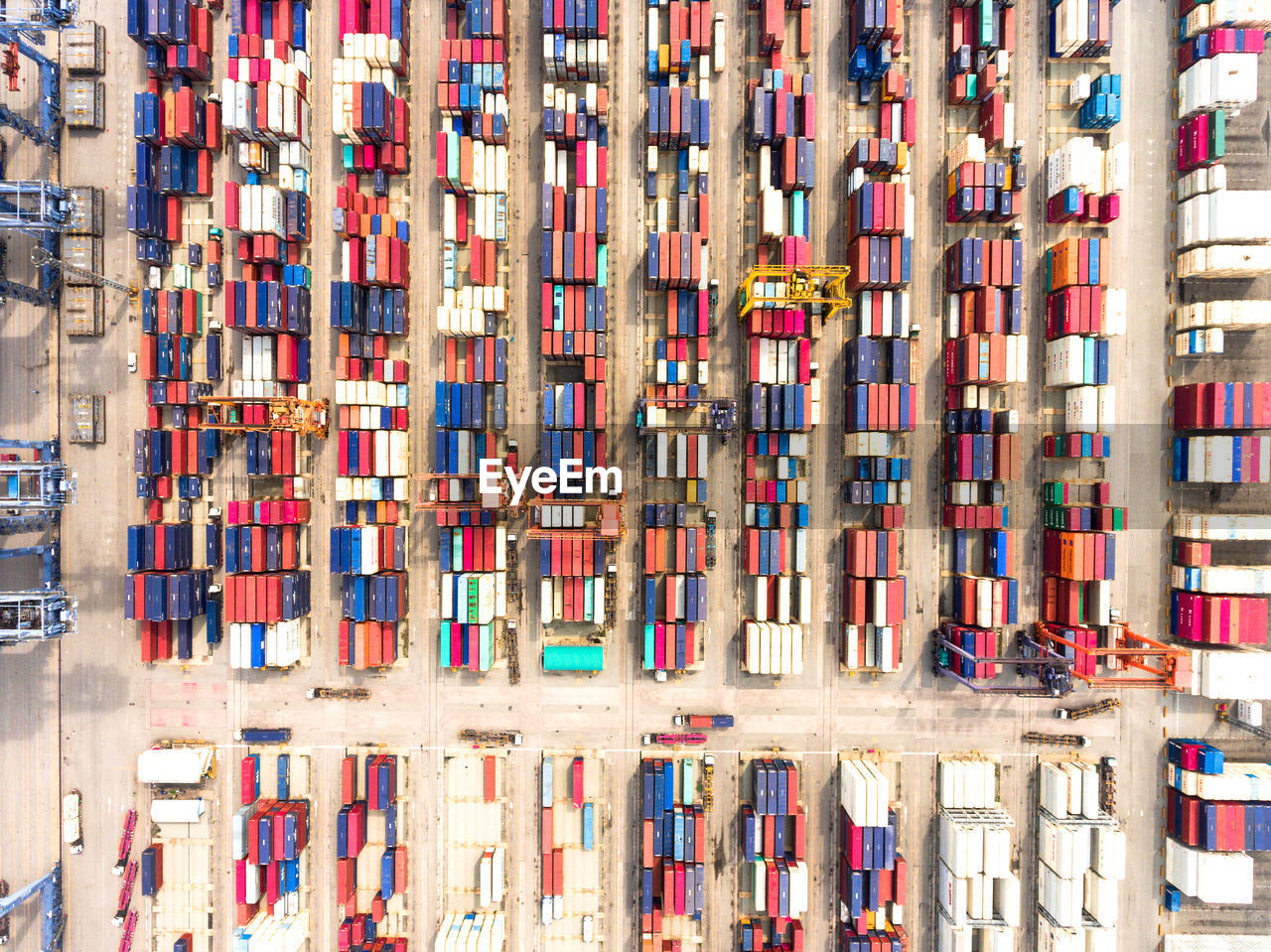 High angle view of cargo container at warehouse harbor