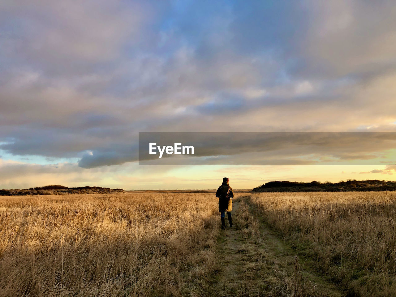 Rear view of woman standing on land against sky during sunset