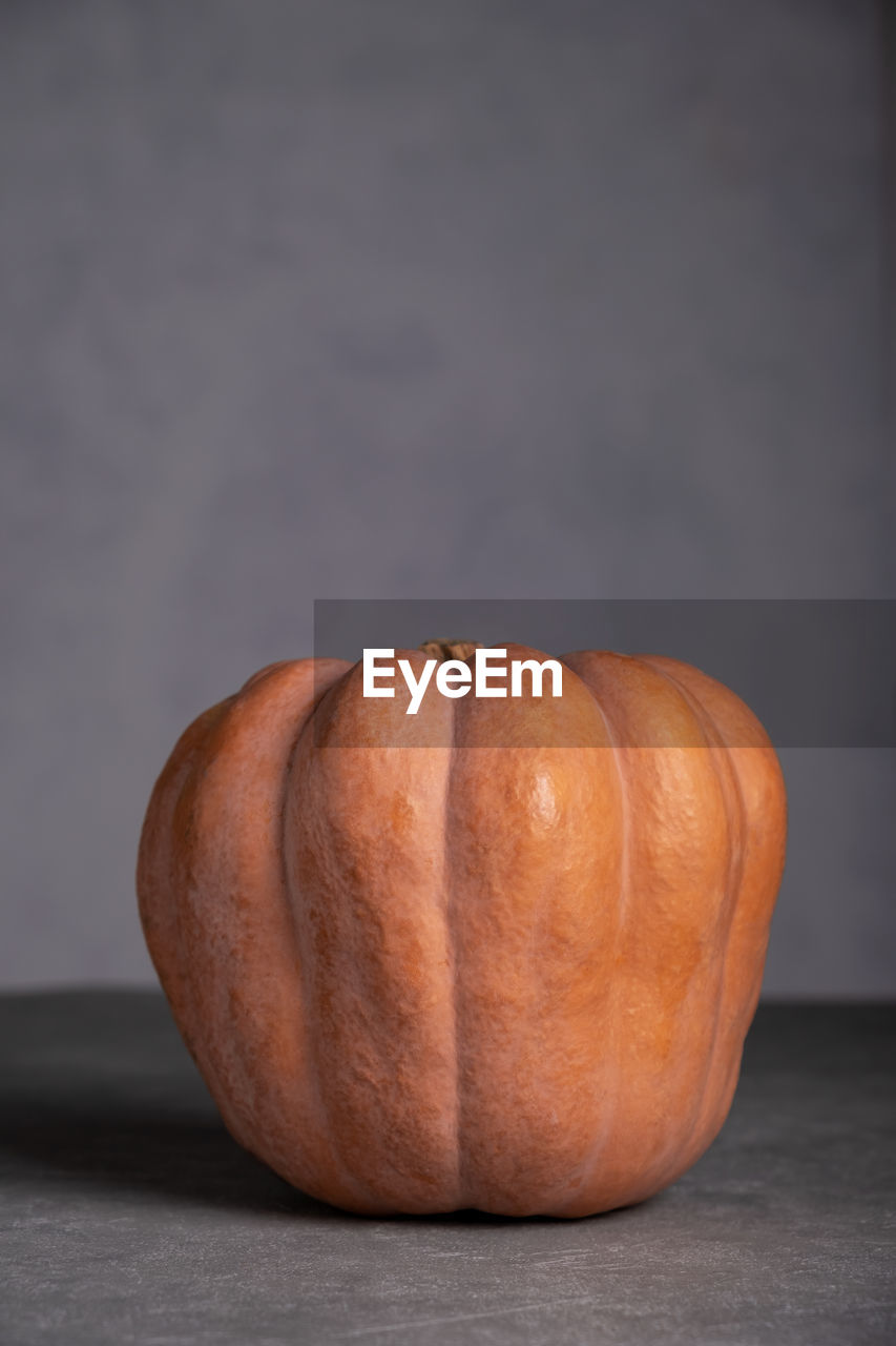 Ripe beautiful pumpkin on a gray background. vertical orientation. selective focus.