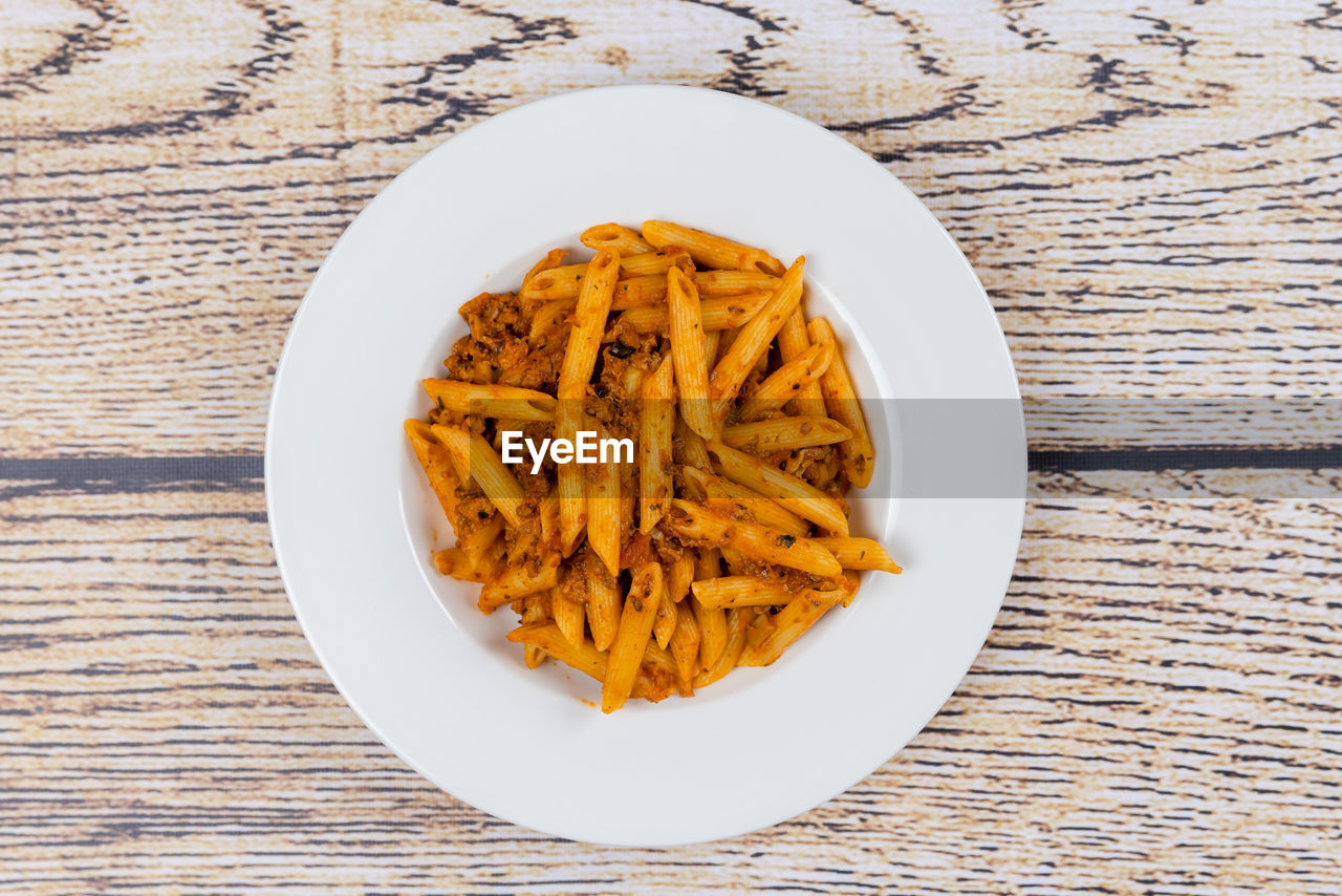 High angle view of food in plate on table