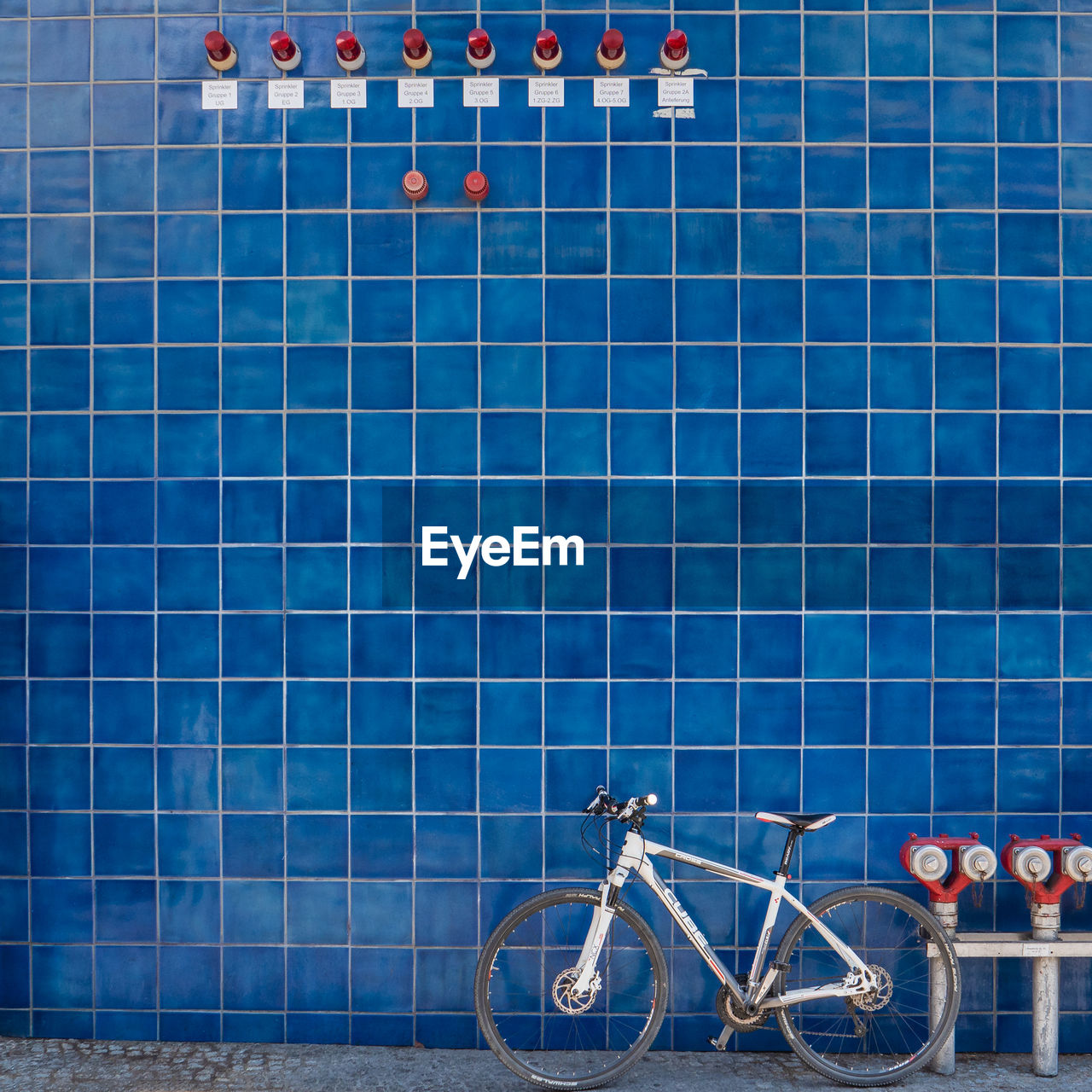 BICYCLE PARKED AGAINST BLUE WALL AT HOME