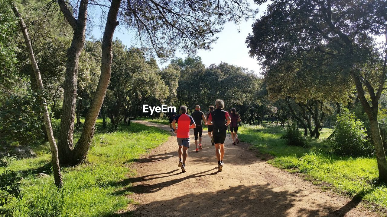 Rear view of people running on dirt road in park