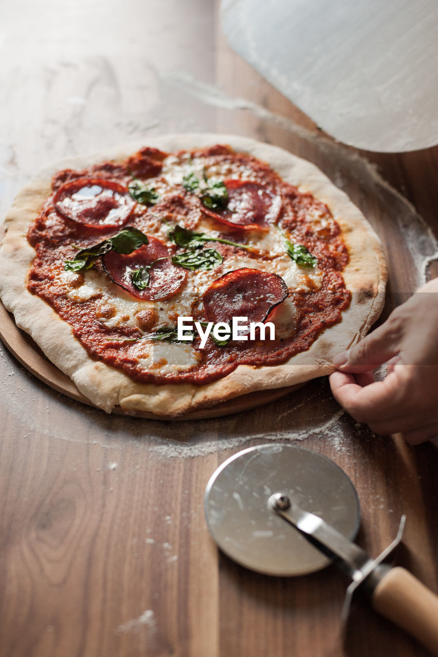 HIGH ANGLE VIEW OF PIZZA IN PLATE