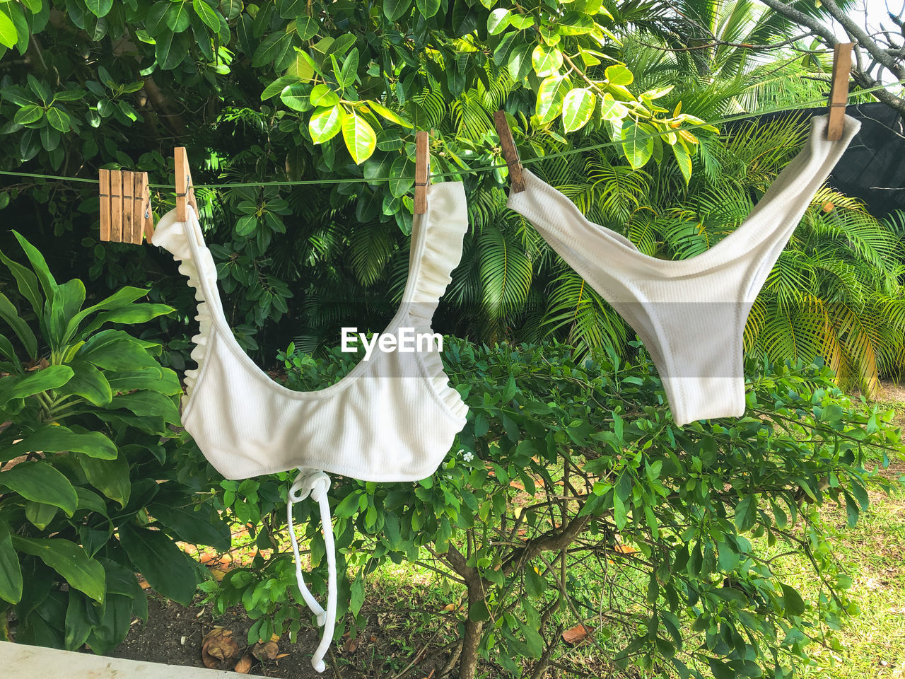 Close-up of white bikini hanging on drying line