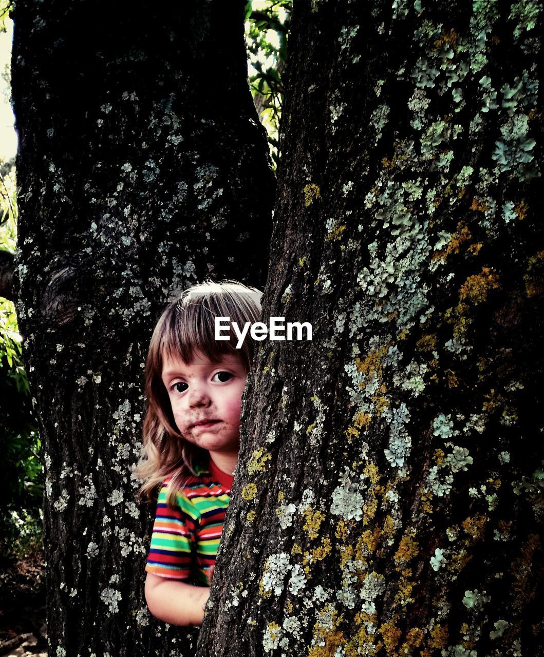 Portrait of girl standing by tree trunk