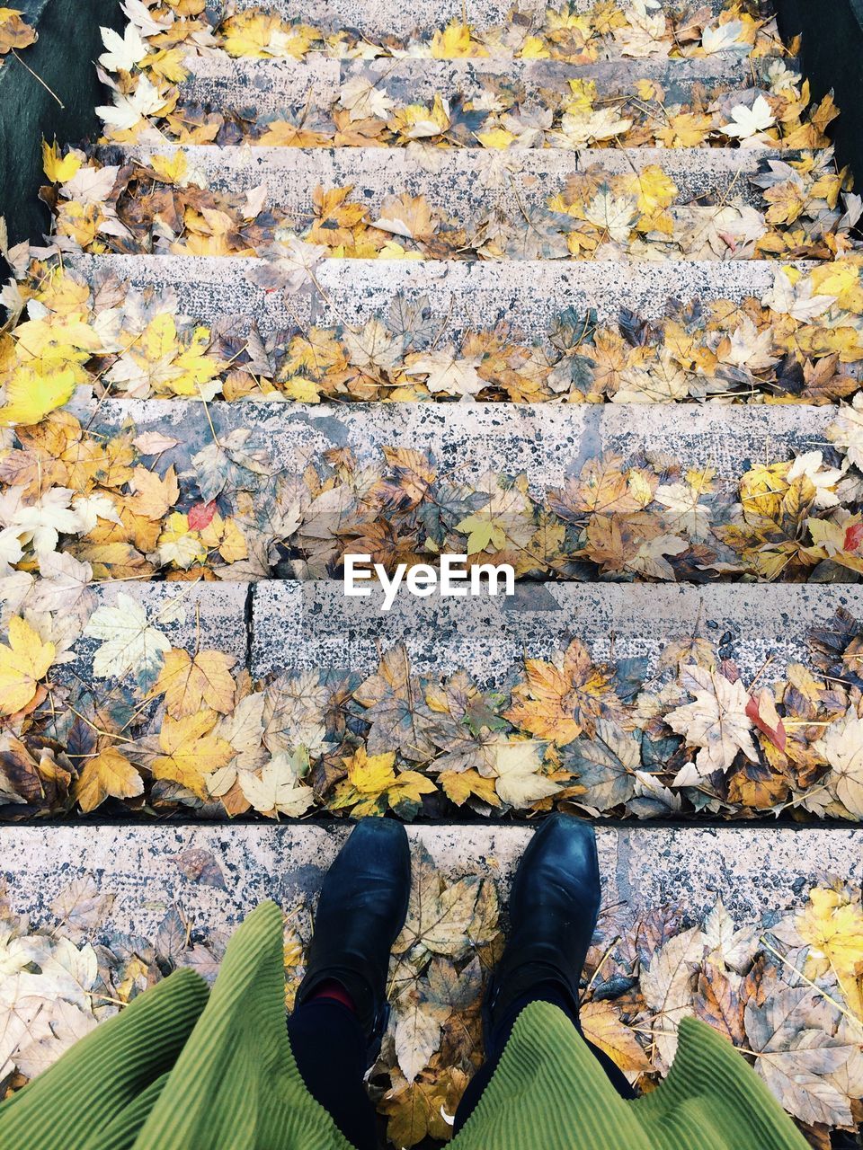 LOW SECTION OF WOMAN STANDING ON AUTUMN LEAVES