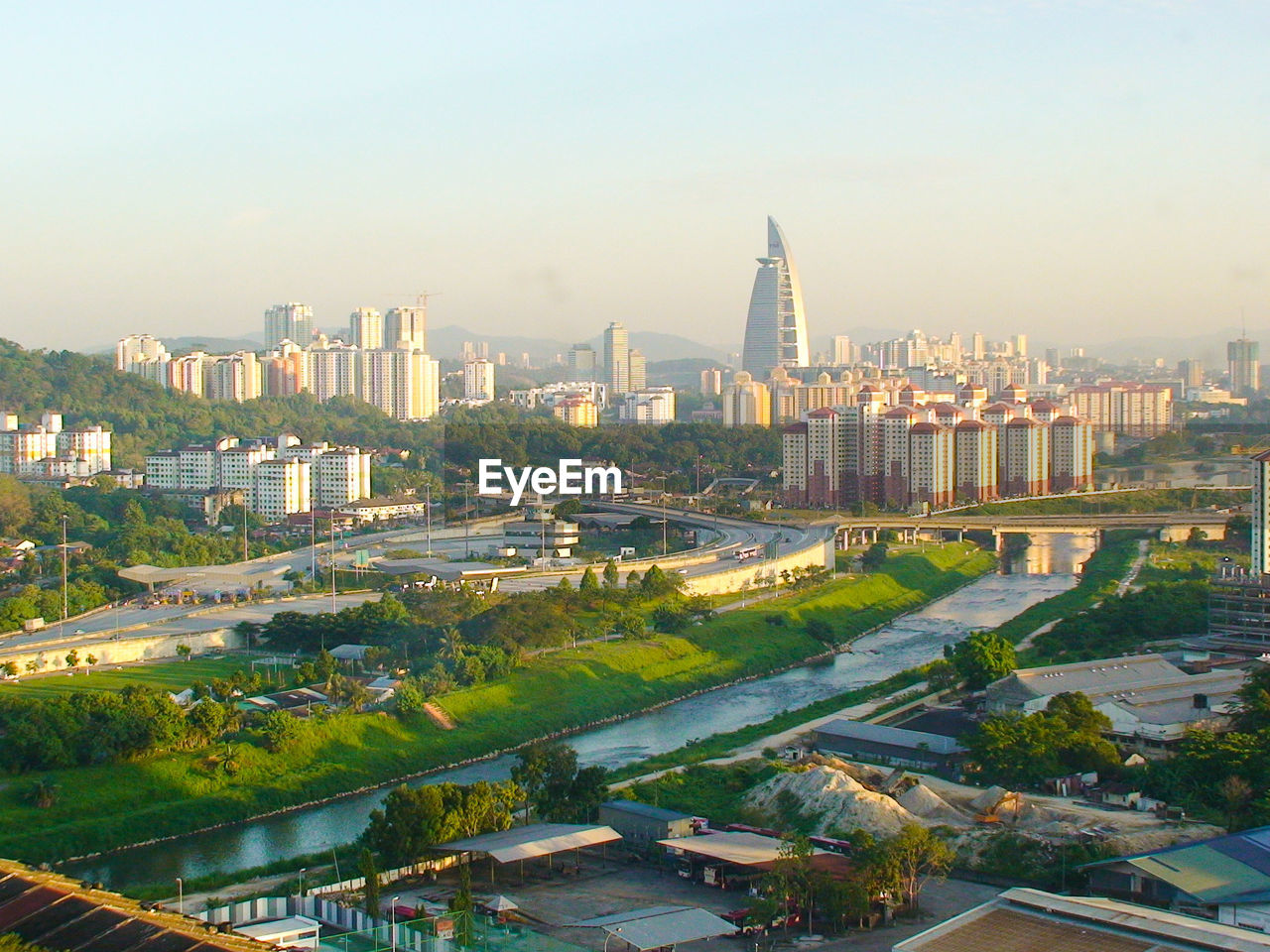 High angle view of buildings in city against clear sky