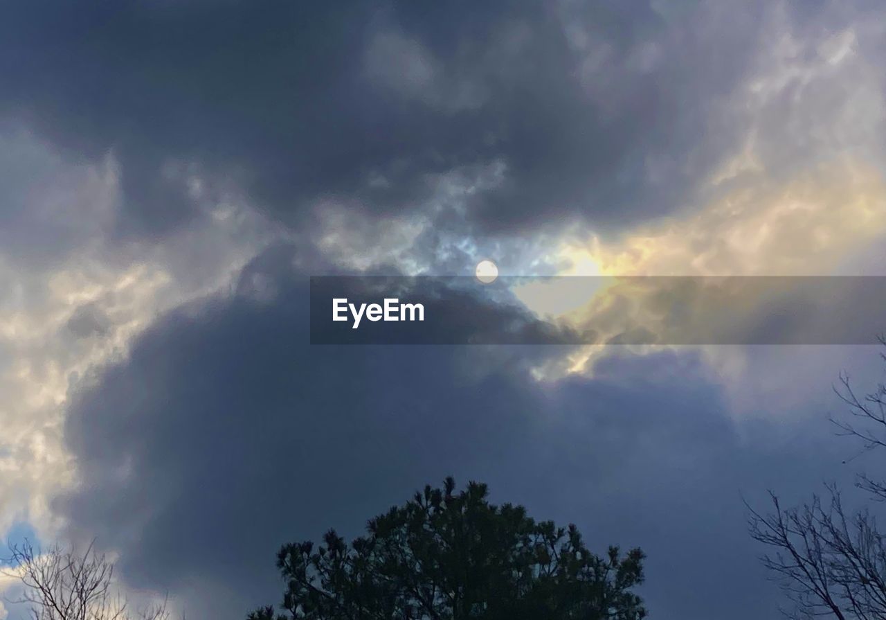 sky, cloud, tree, beauty in nature, nature, plant, low angle view, no people, scenics - nature, silhouette, storm, sunlight, dramatic sky, environment, cloudscape, tranquility, outdoors, dusk, treetop, thunderstorm, sunbeam, blue, evening, storm cloud, overcast, tranquil scene