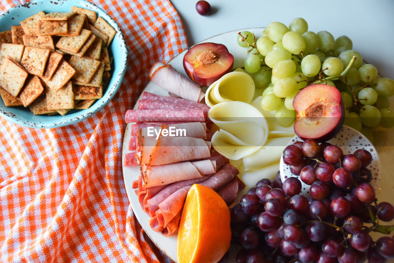 High angle view of fresh food in plate on table