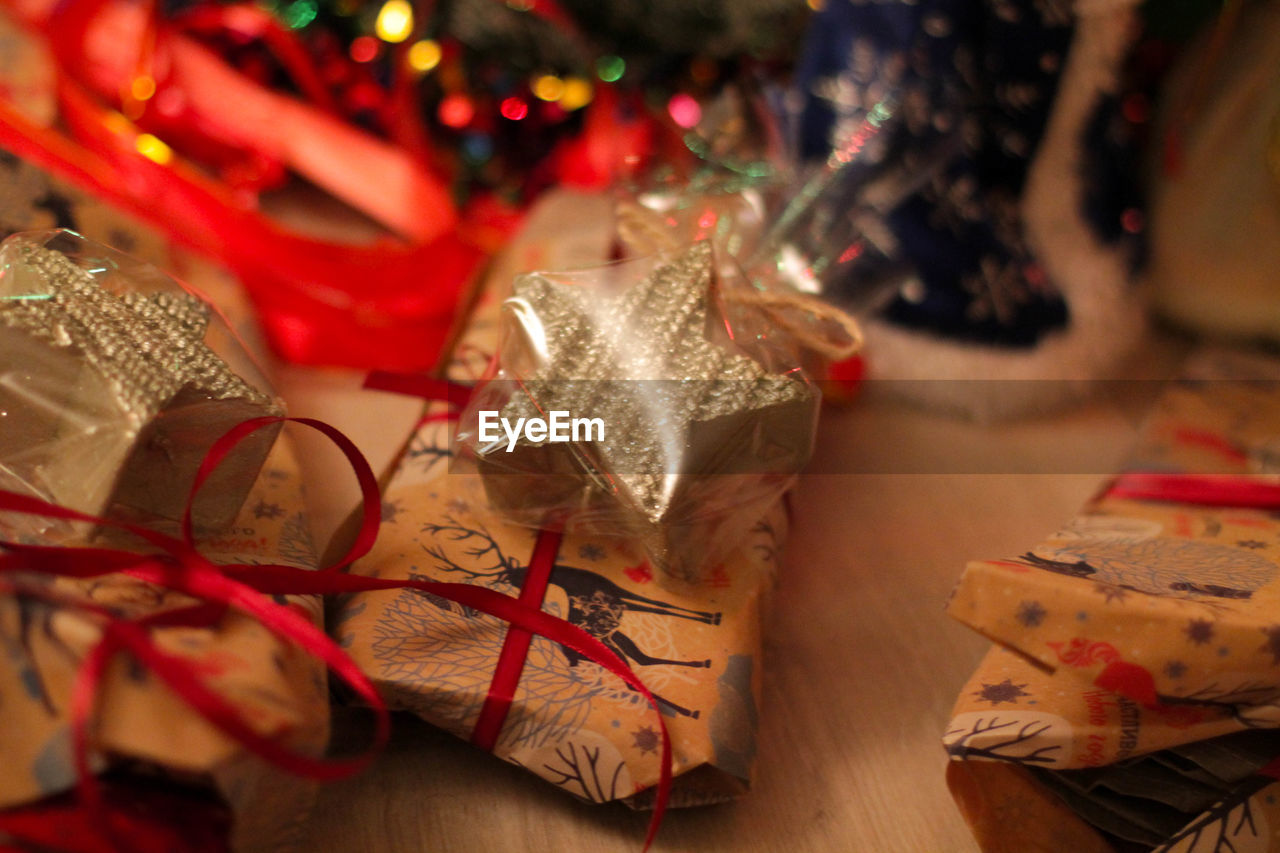 Close-up of christmas decoration on table