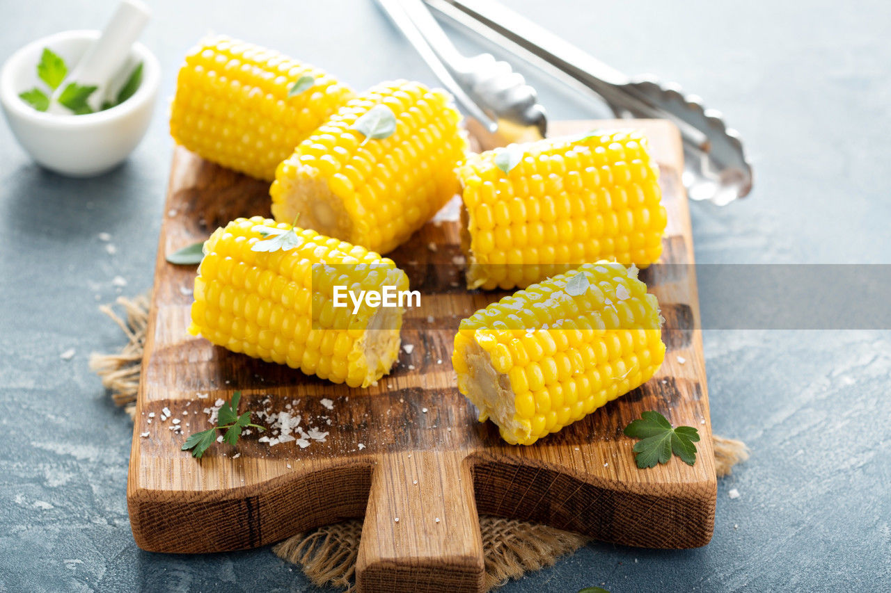 high angle view of corn on table