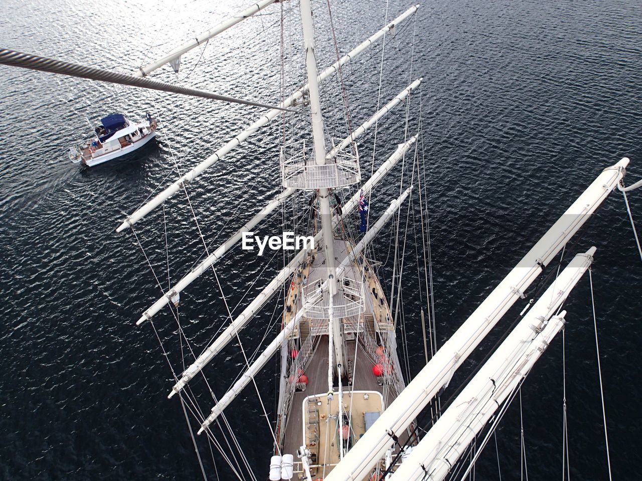 HIGH ANGLE VIEW OF SAILING SHIP IN RIVER