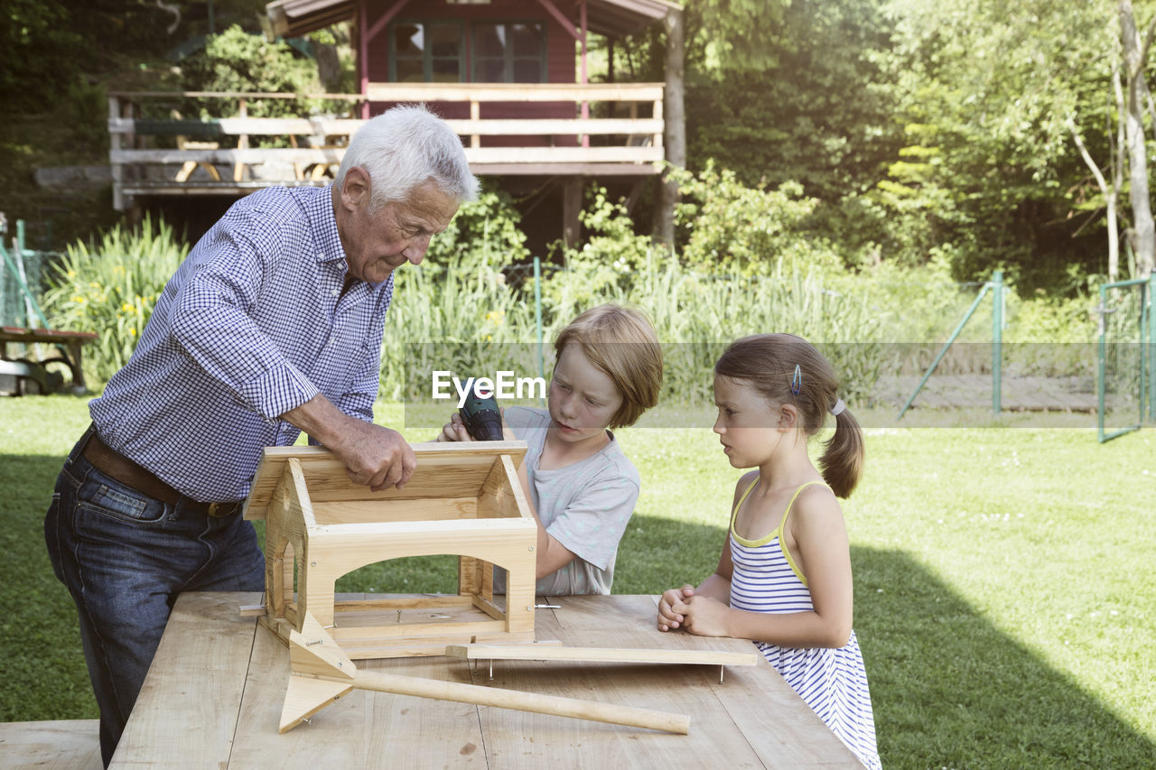 Grandfather and grandchildren building up a birdhouse