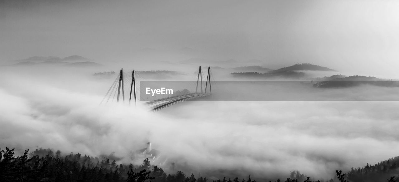 Panoramic view of bridge and mountains against sky