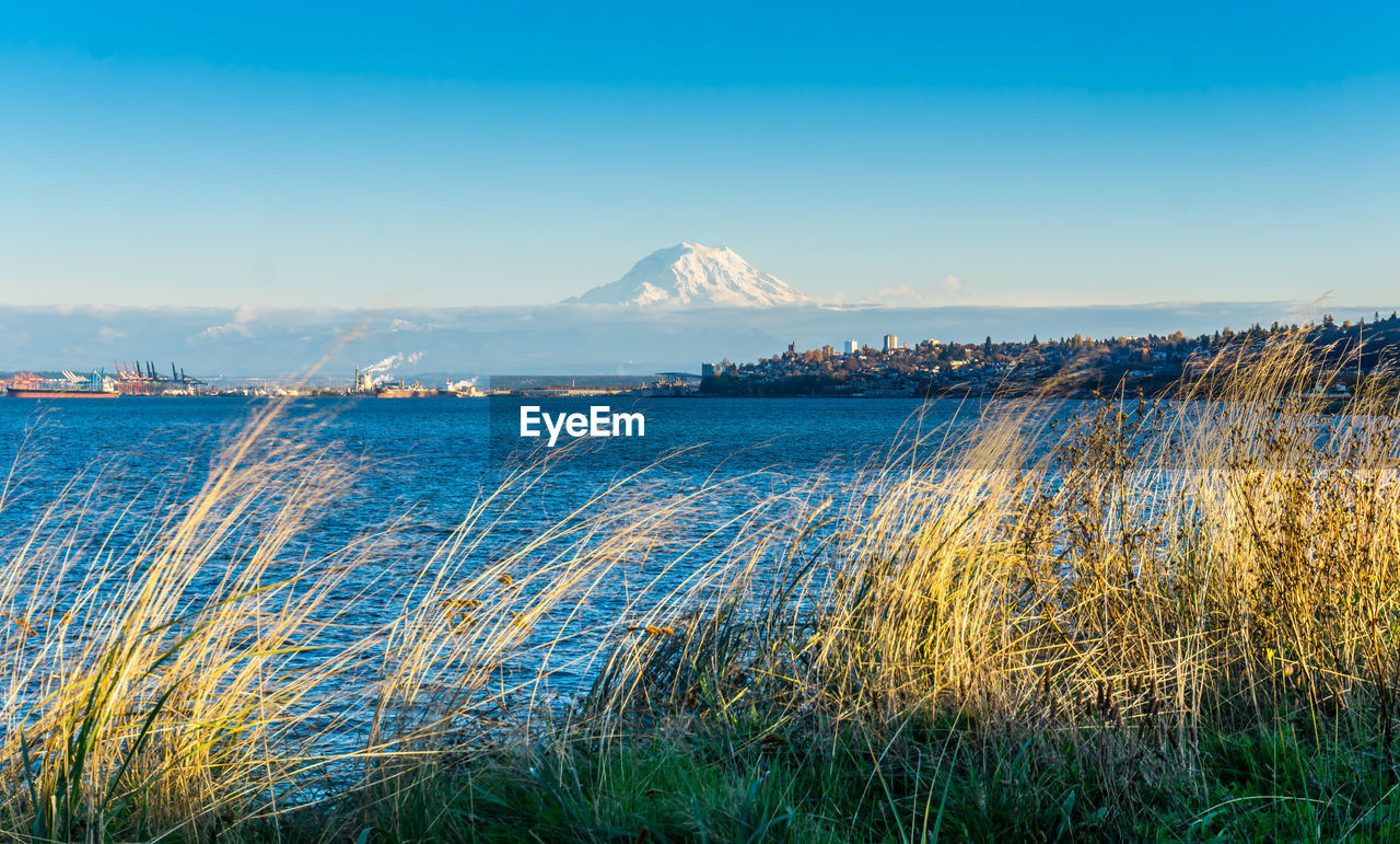 A view of the port of tacoma and mount rainier from ruston, washington.