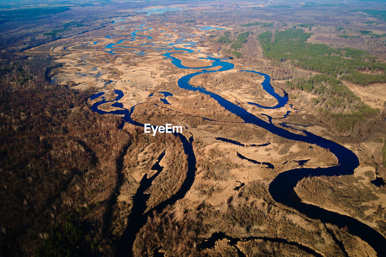 Aerial drone view of river in valley. natural landscape