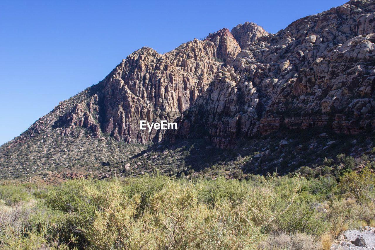 mountain, wilderness, scenics - nature, landscape, environment, sky, nature, beauty in nature, plant, rock, land, mountain range, ridge, clear sky, adventure, travel destinations, no people, non-urban scene, walking, plateau, geology, travel, blue, grass, rock formation, tree, sunny, valley, tranquility, outdoors, tranquil scene, day, desert, trail, tourism, semi-arid, mountain peak, coniferous tree, sunlight, wadi, extreme terrain, activity, pine tree, leisure activity, mountain pass, pinaceae, remote