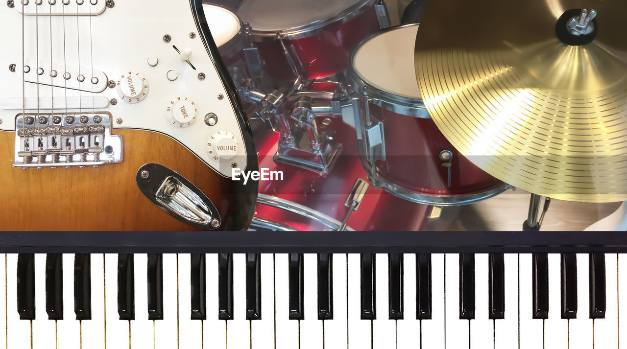 High angle view of musical instruments