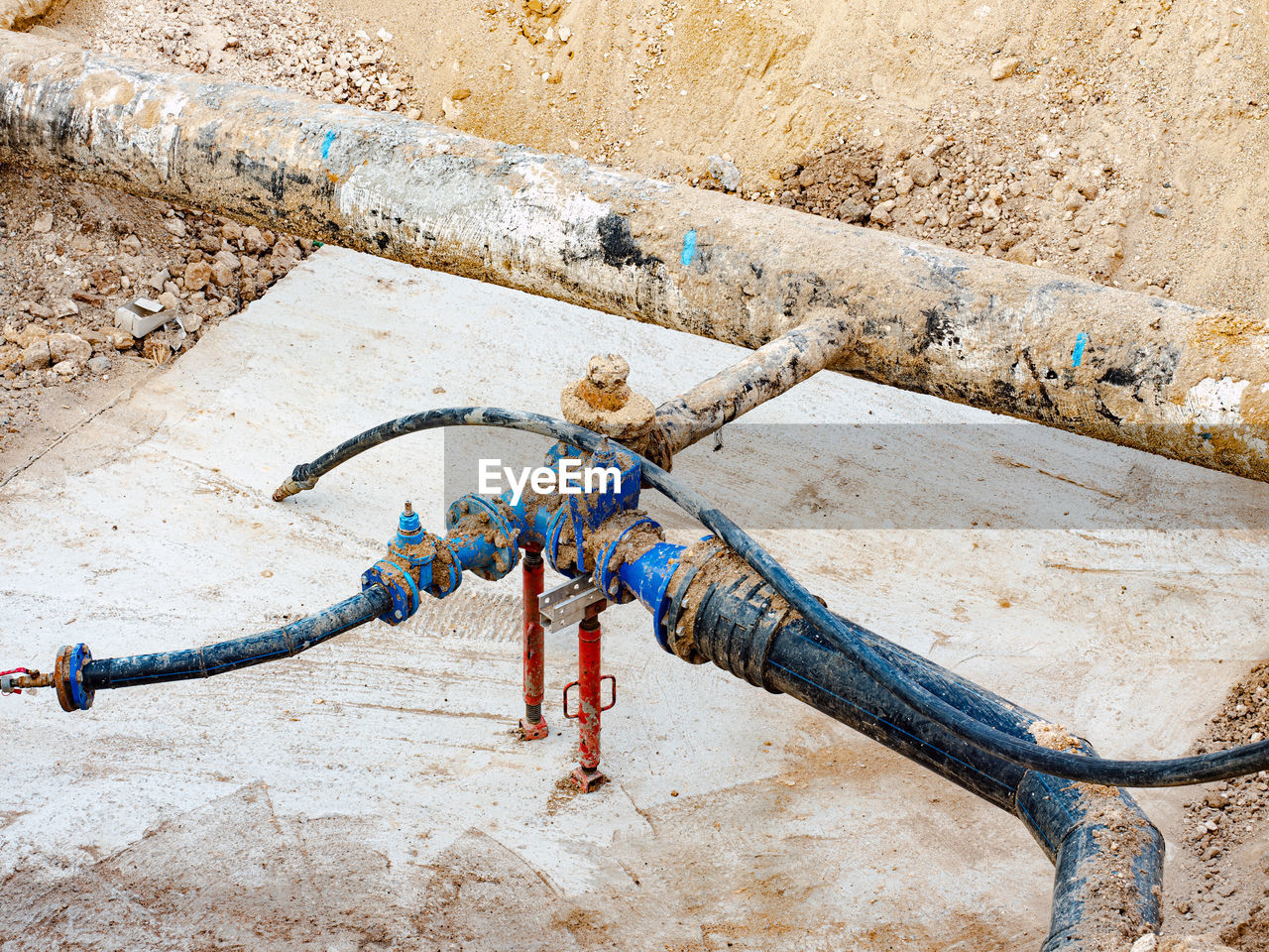 Pipeline with valves connect pump used to transfer water at public utility. town water supply system