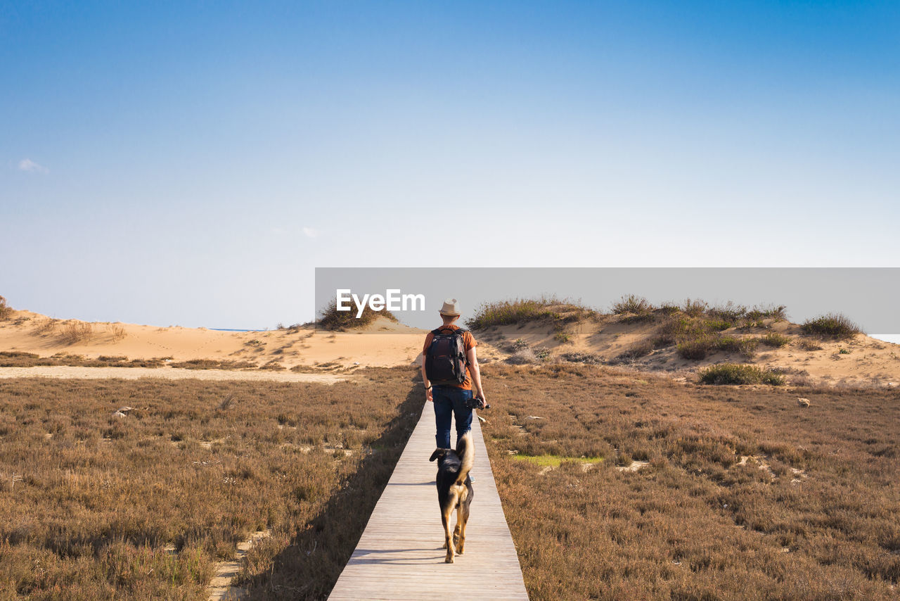 REAR VIEW OF MAN RIDING BICYCLE ON ROAD