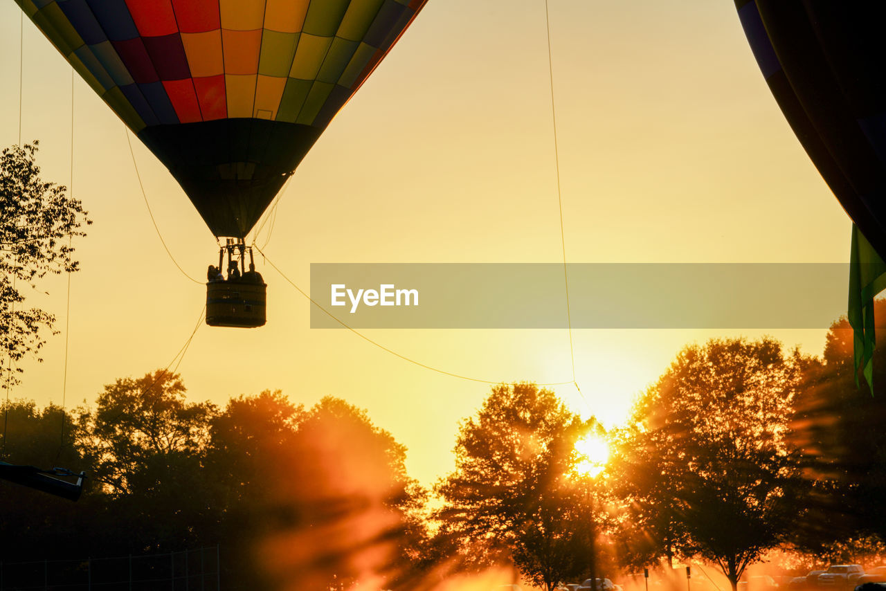 hot air balloon, hot air ballooning, balloon, aircraft, transportation, air vehicle, vehicle, tree, sky, nature, mid-air, mode of transportation, flying, plant, adventure, sunset, light, multi colored, sunlight, yellow, sun, low angle view, outdoors, travel, twilight, orange color, basket, cloud, dawn, ballooning festival, heat, celebration