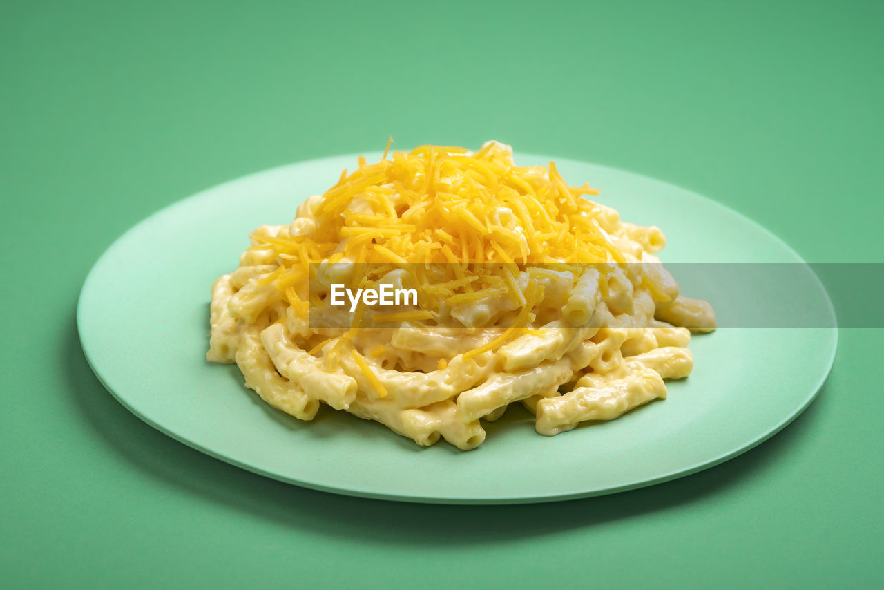 Macaroni with cheddar on a plate minimal on a green colored background. homemade mac and cheese.