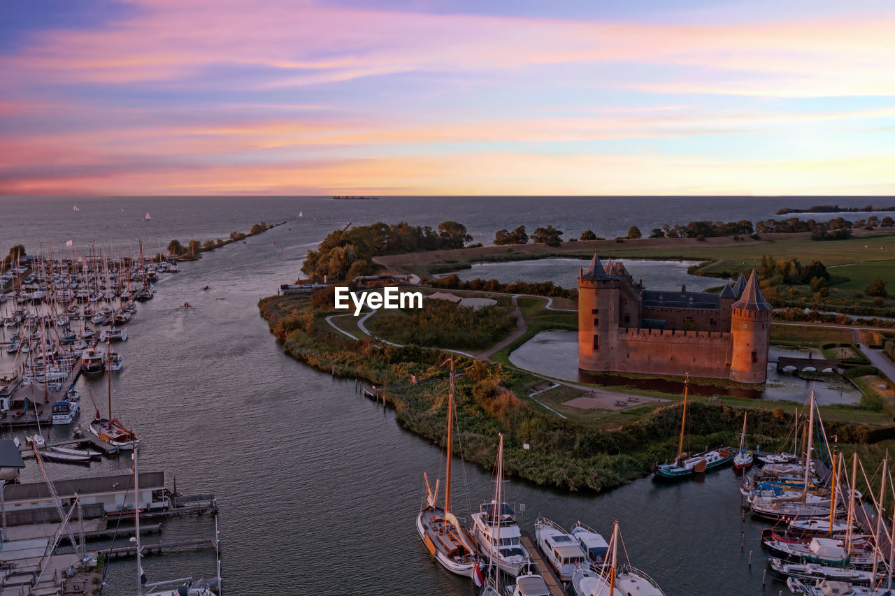 Aerial from muiderslot castle in muiden the netherlands at sunset