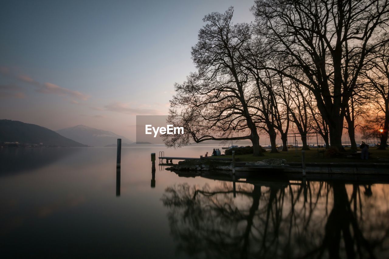 Reflection of trees on water at dusk