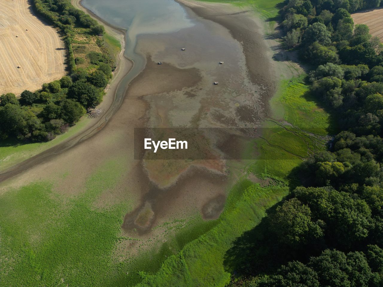 High angle view of dry reservoir - weir wood reservoir, southern water, east grinstead 
