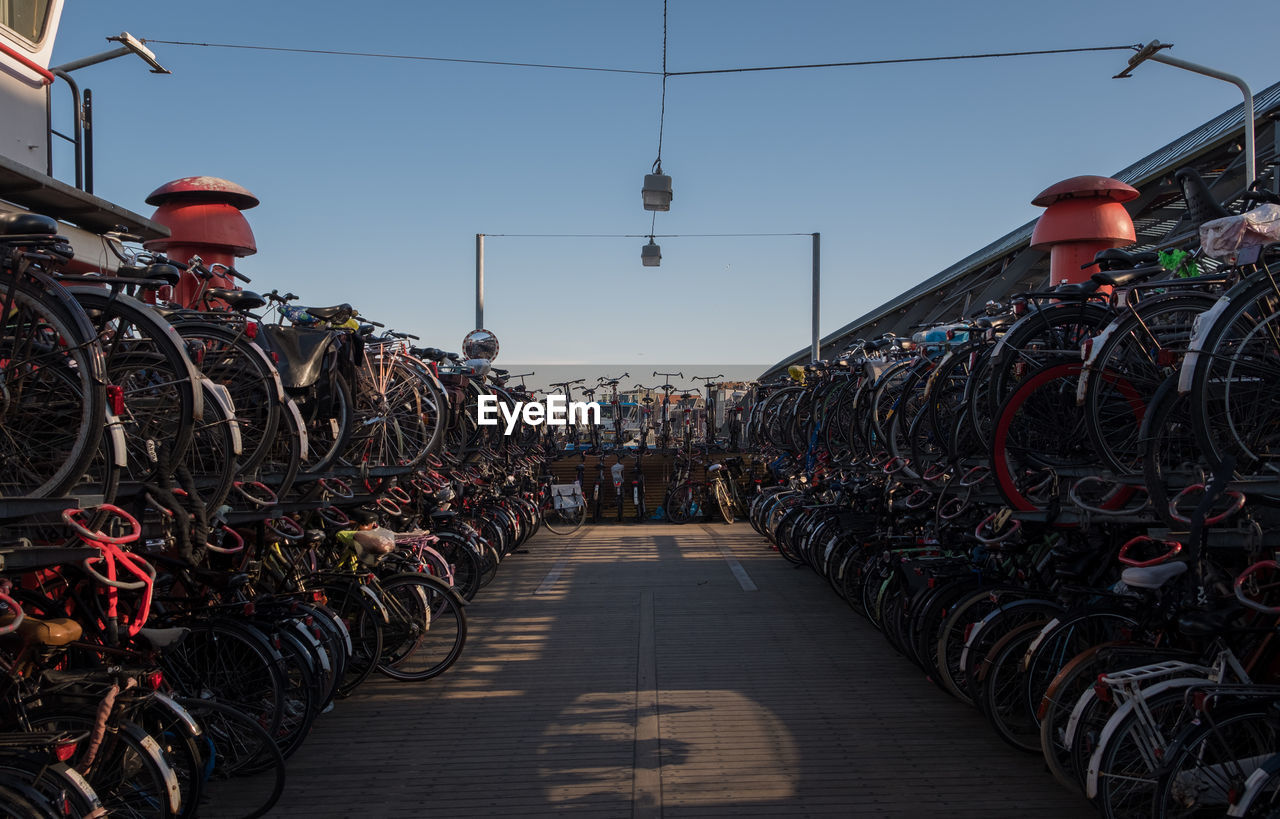 Bicycles parked at station against clear sky