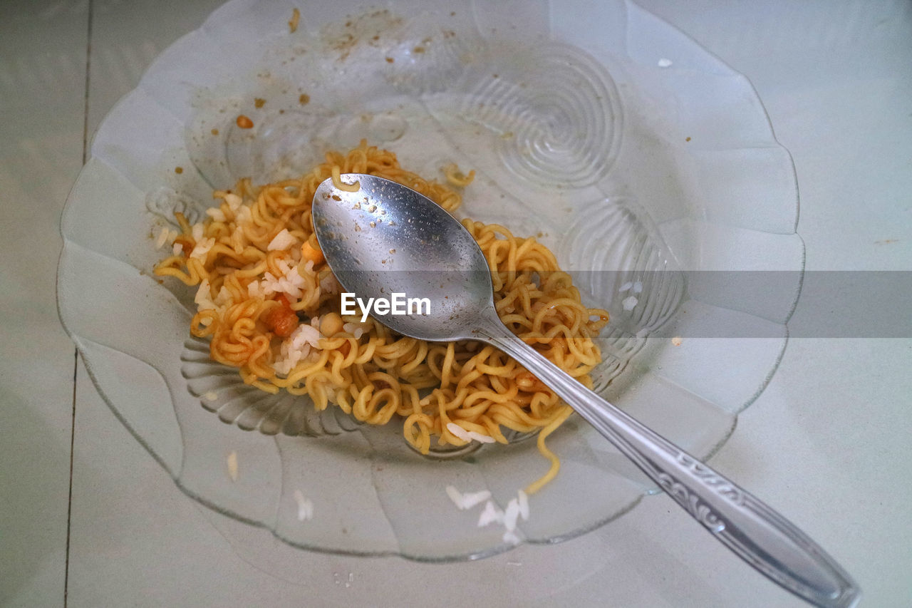 kitchen utensil, food, food and drink, eating utensil, pasta, spaghetti, dish, italian food, cuisine, spoon, indoors, fork, high angle view, plate, no people, freshness, directly above, meal, healthy eating, household equipment, wellbeing, breakfast, table, produce