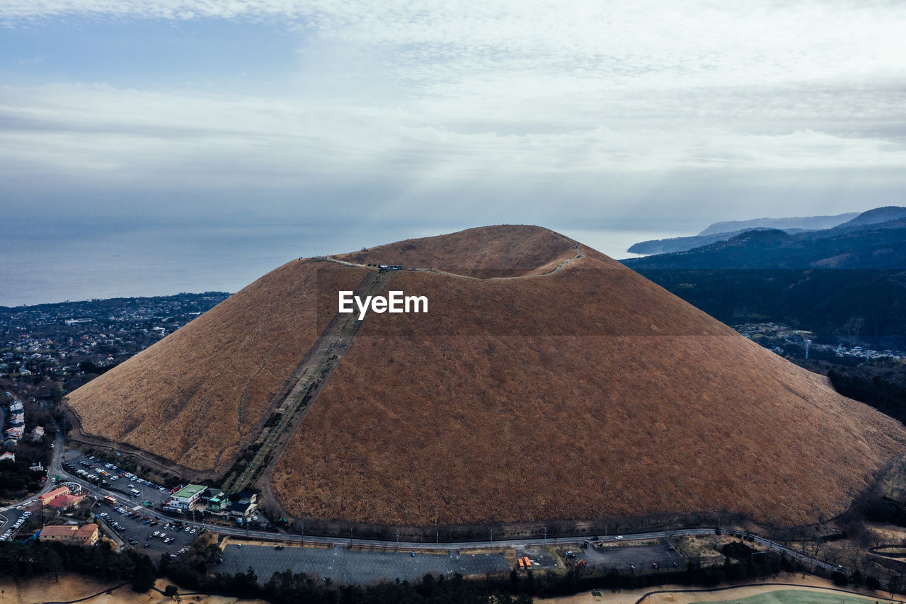 Aerial view of hill against sky