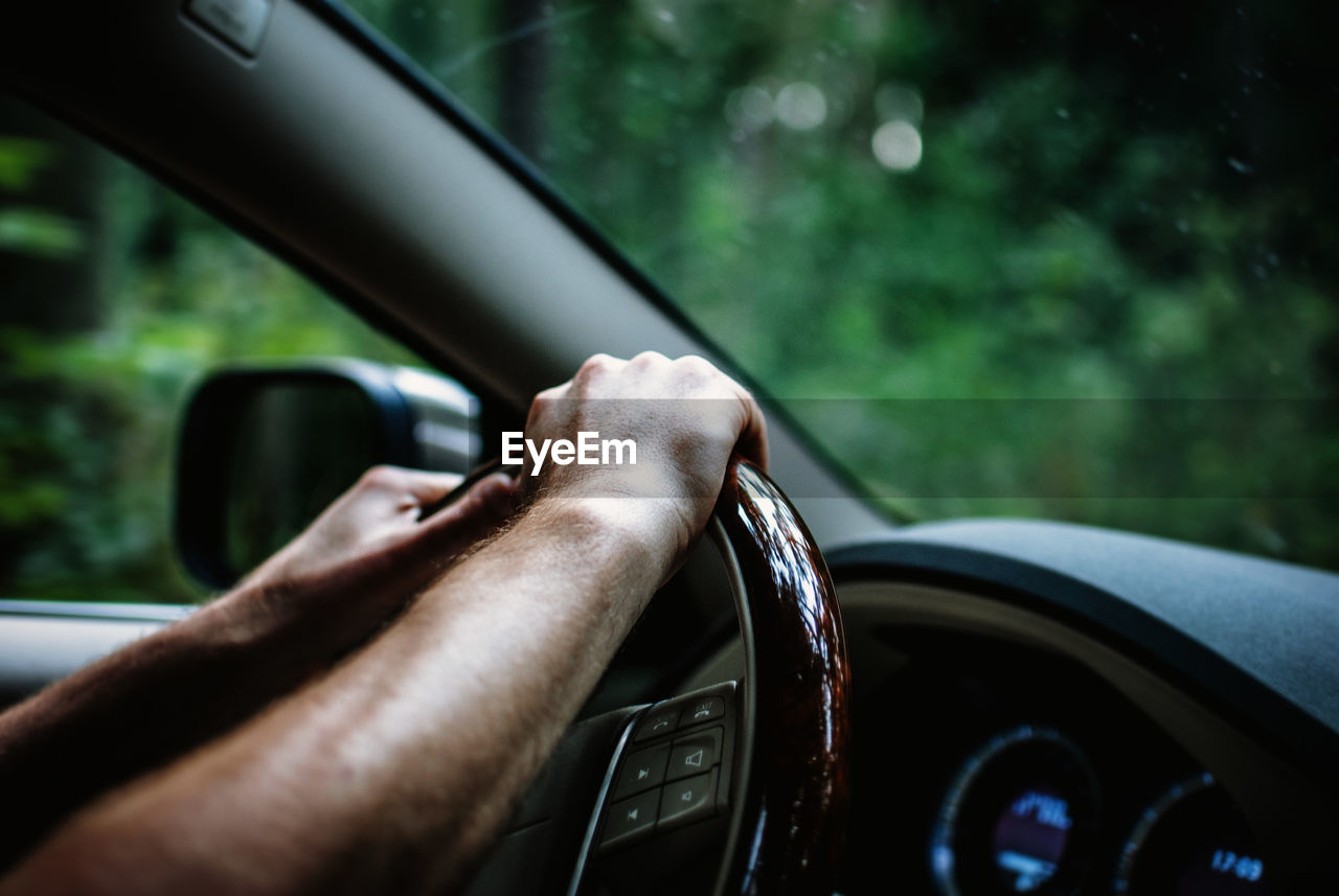 Persons hands on steering wheel of car