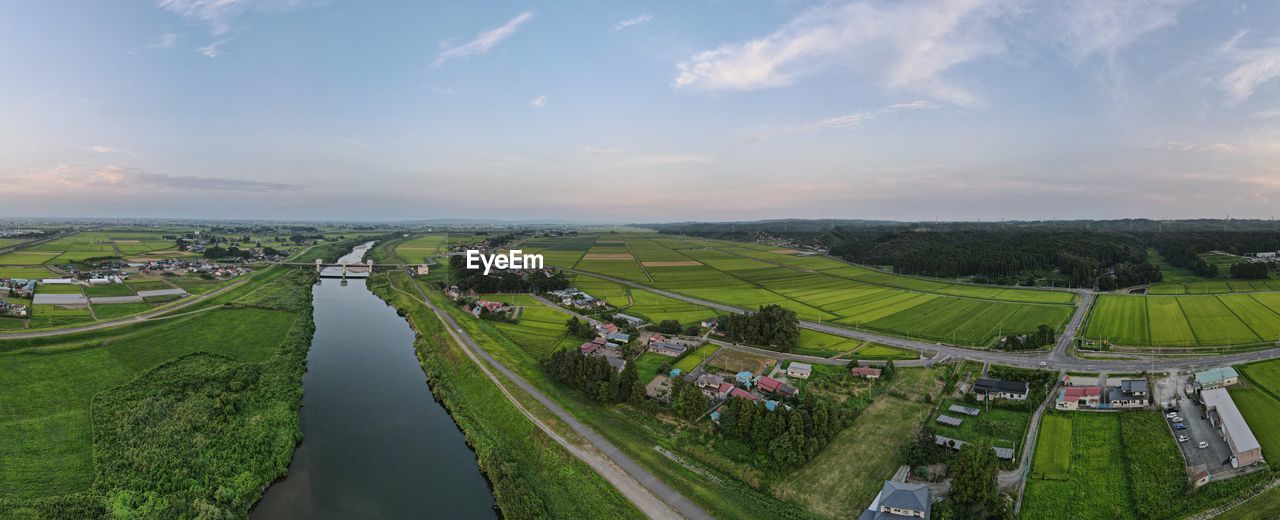 High angle view of agricultural field against sky