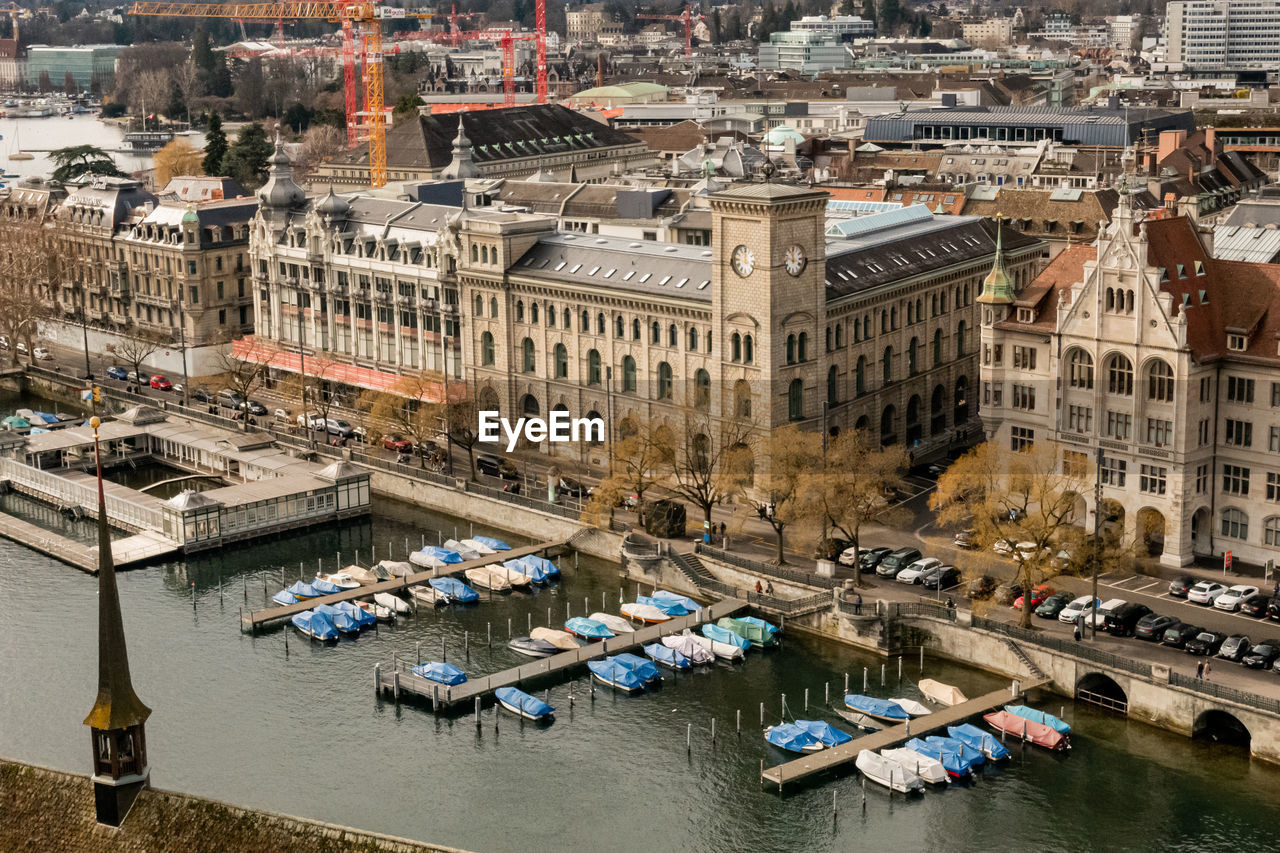 High angle view of buildings in city