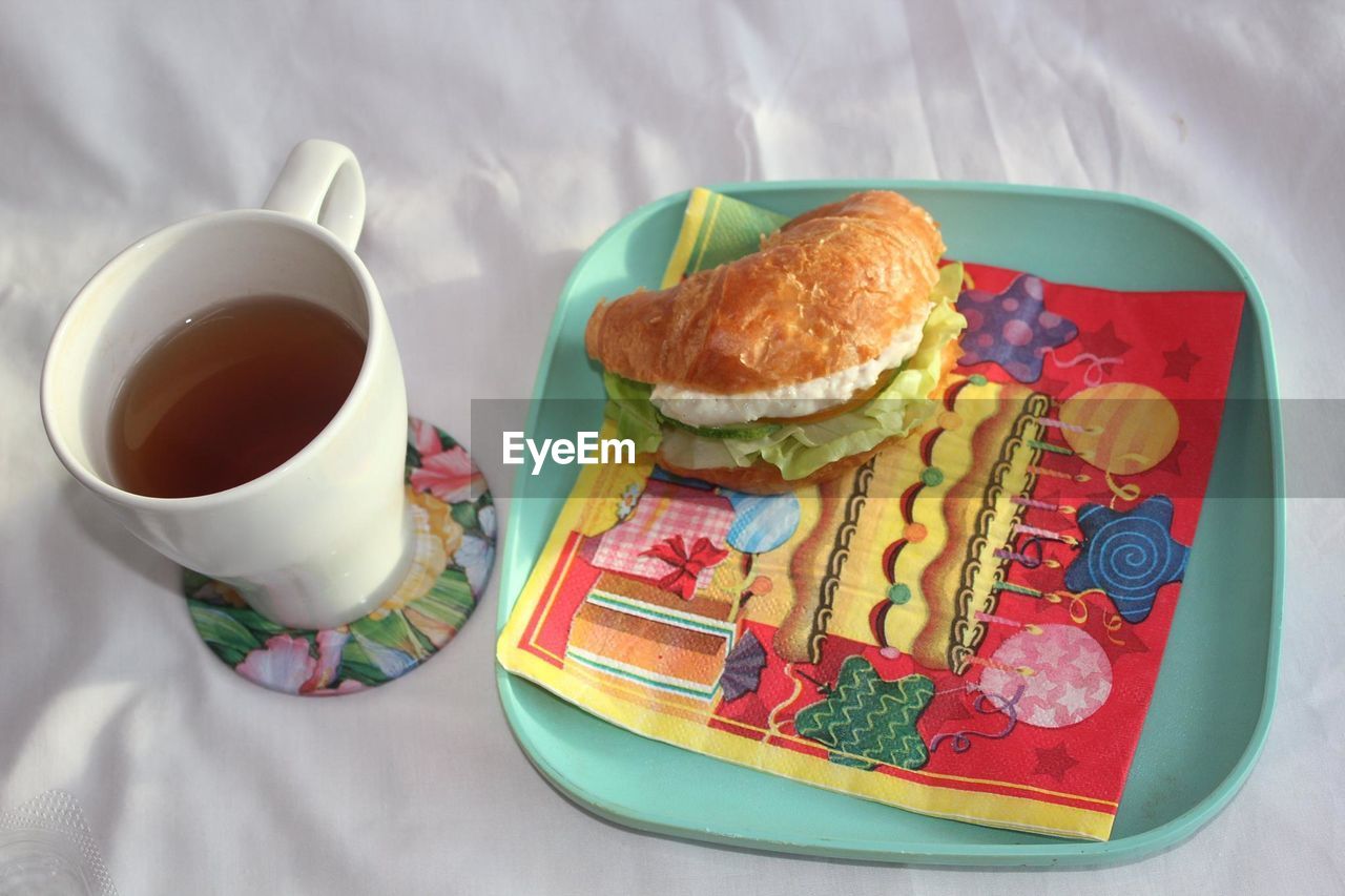 HIGH ANGLE VIEW OF BREAKFAST SERVED IN PLATE ON TABLE
