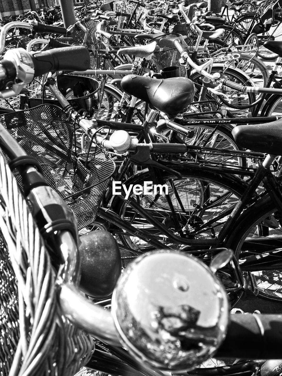 Elevated view of bicycles in row