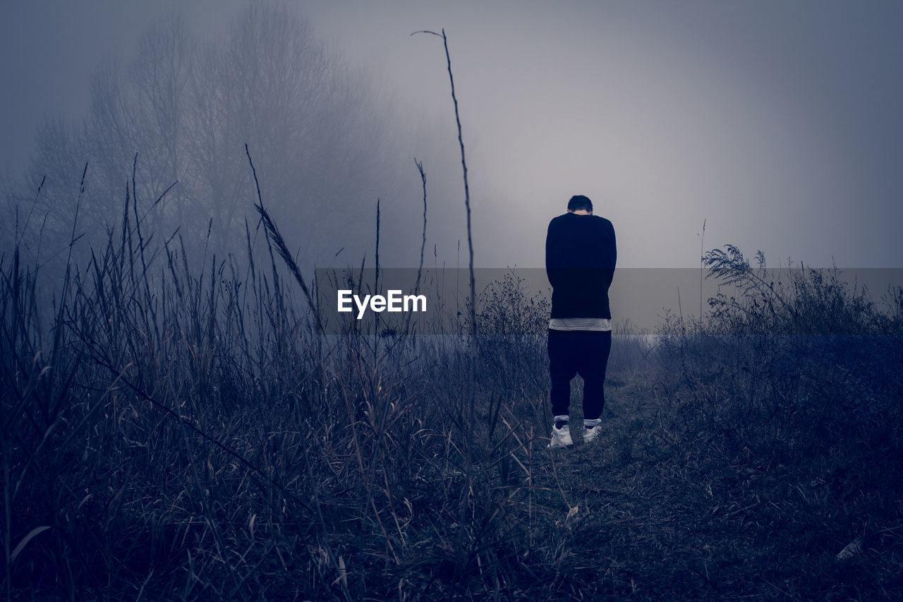 Rear view of man standing on field during foggy weather